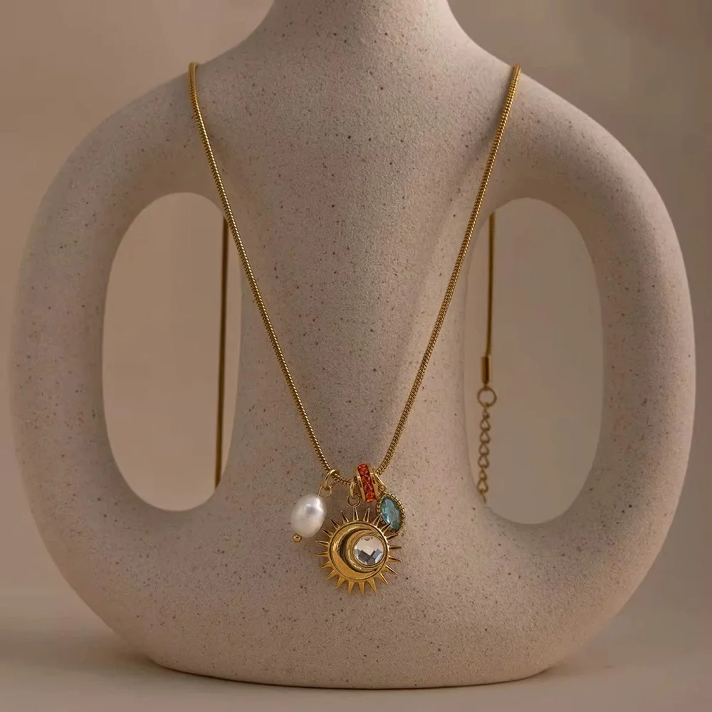 18K Gold Plated Sun Pearl and Gemstone Charms Nekclace - Picture 6 of 8